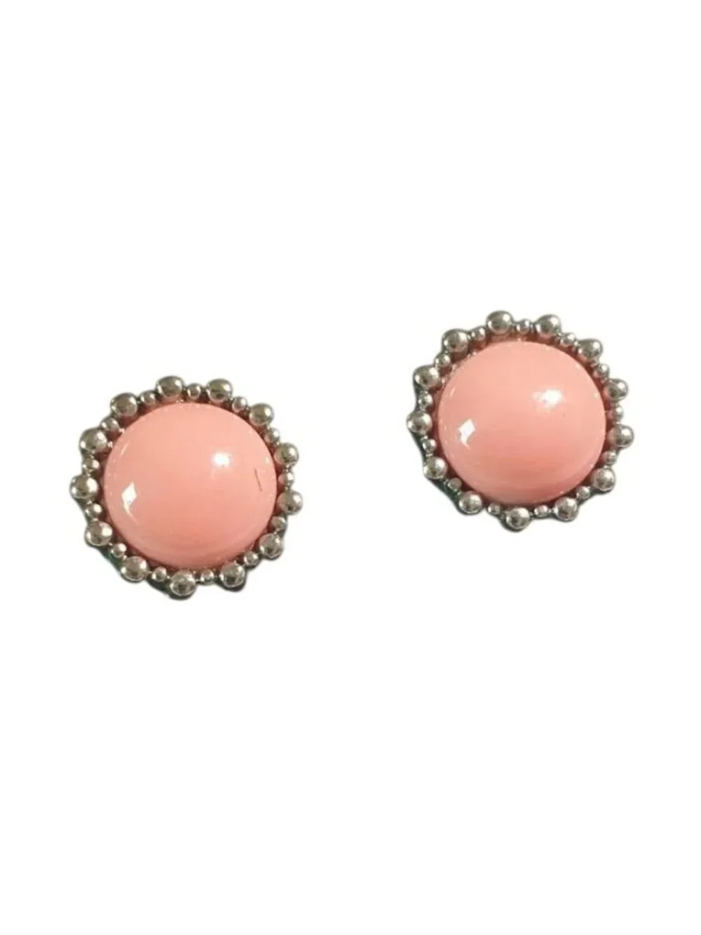 Pink Round Stud Earrings Bead Rimmed Settings Post Backing Silver Tone Minimalis